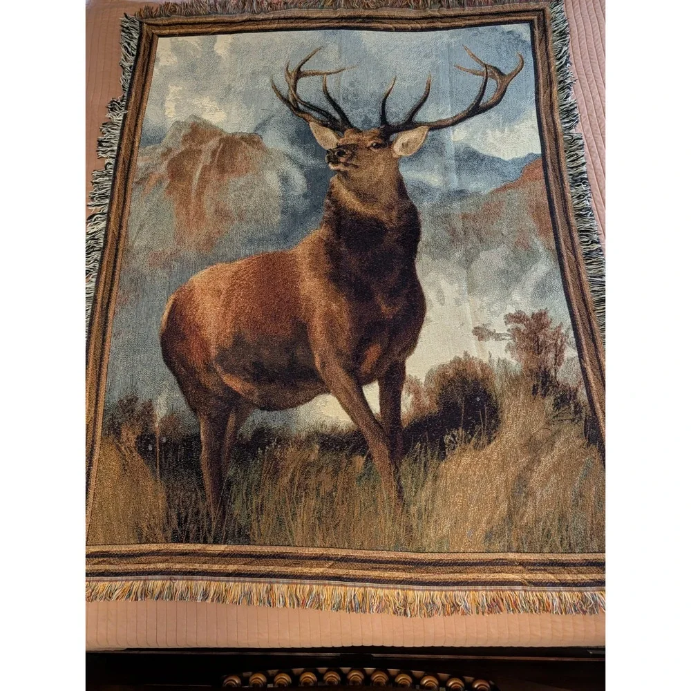 VTG Mountain Elk Tapestry Throw Blanket 51x68 Woven Cotton Fringed Made in USA